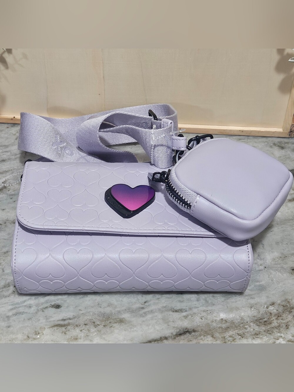 Betsey Johnson Heart Quilted Lavender Crossbody bag with Detachable Pouch - Picture 11 of 12